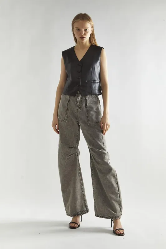 Grey Acid-Wash Denim Low-Rise Jeans sold by Glamorous