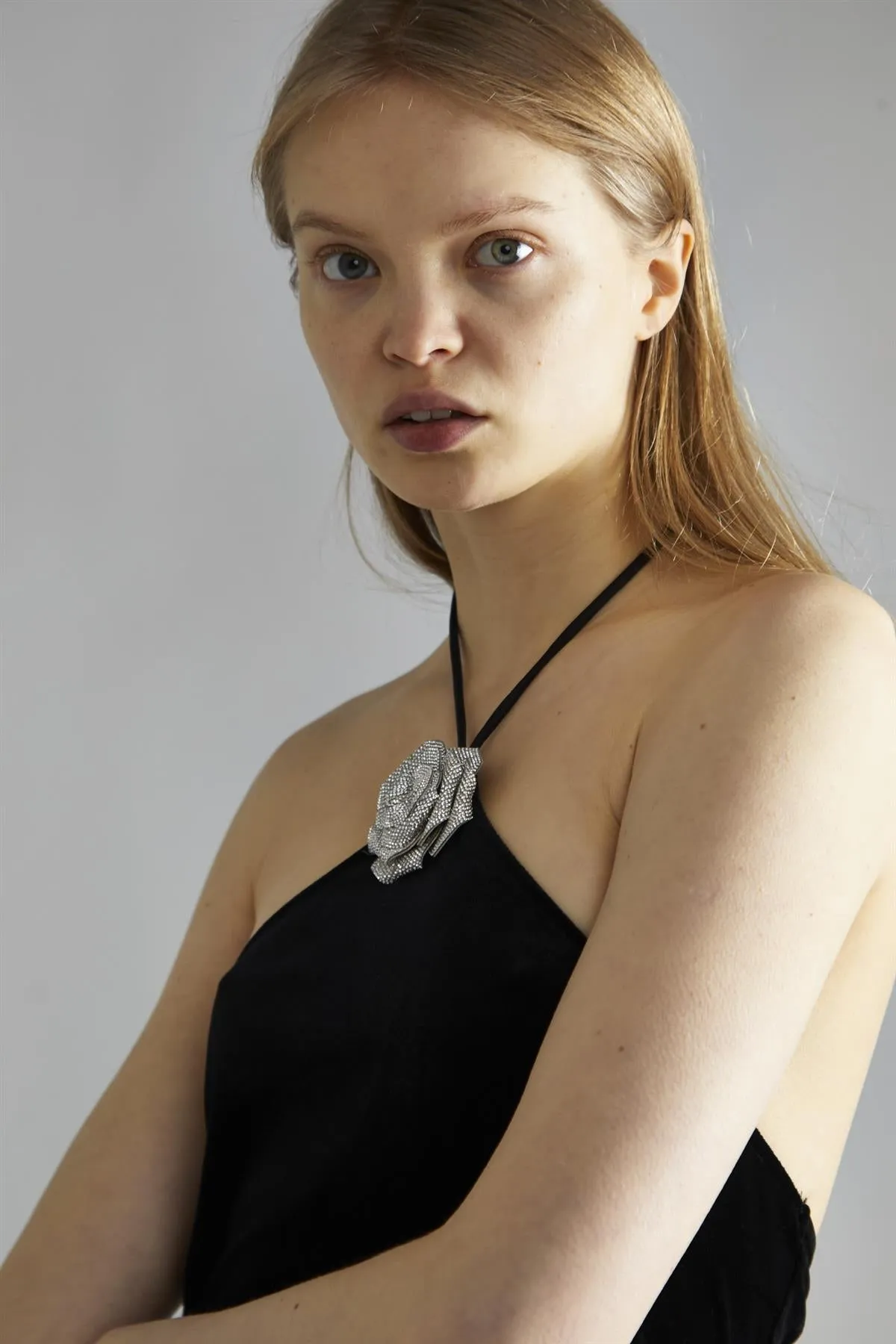 Black-Velvet Halter-Neck Rhinestone-Corsage Mini-Dress sold by Glamorous product image thumbnail 4