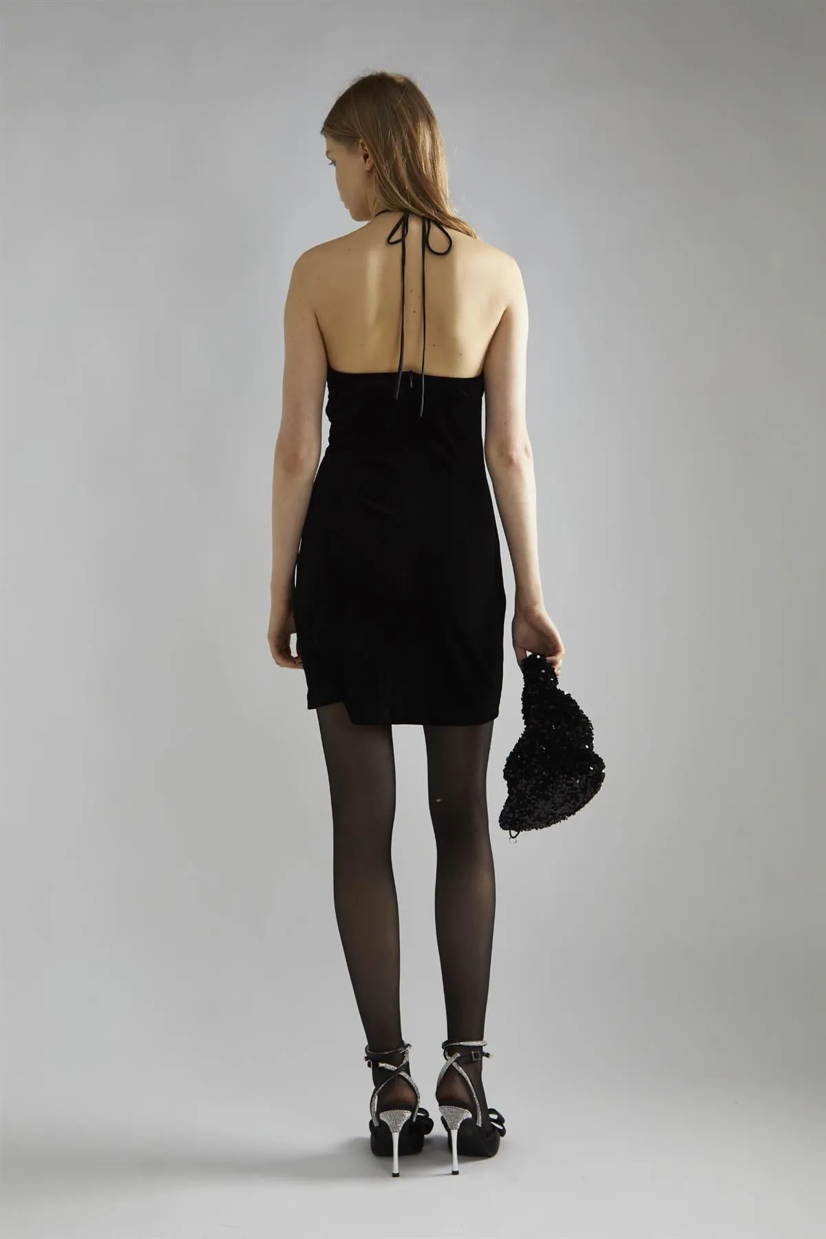 Black-Velvet Halter-Neck Rhinestone-Corsage Mini-Dress sold by Glamorous product image thumbnail 2