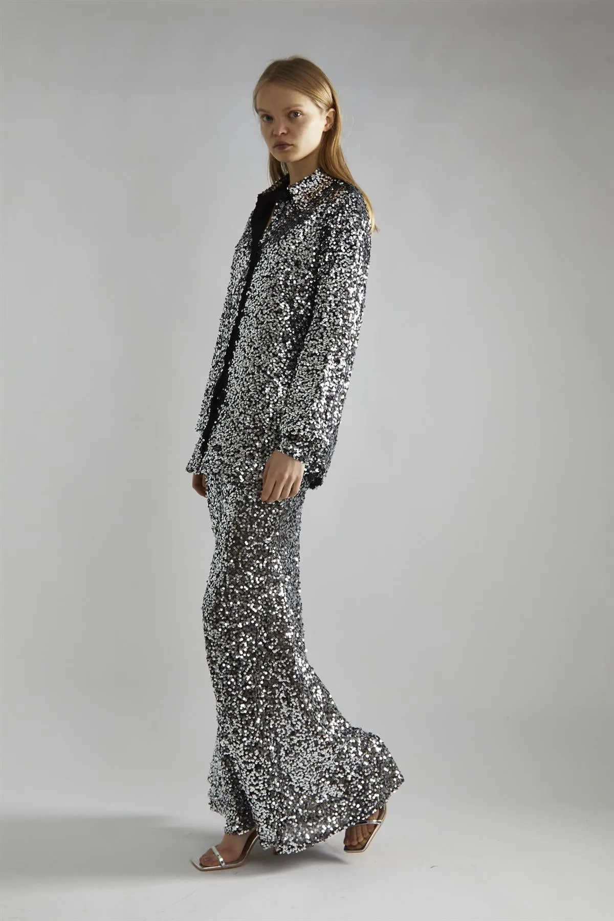 Black-Silver Sequin Bias-Cut Maxi-Skirt sold by Glamorous