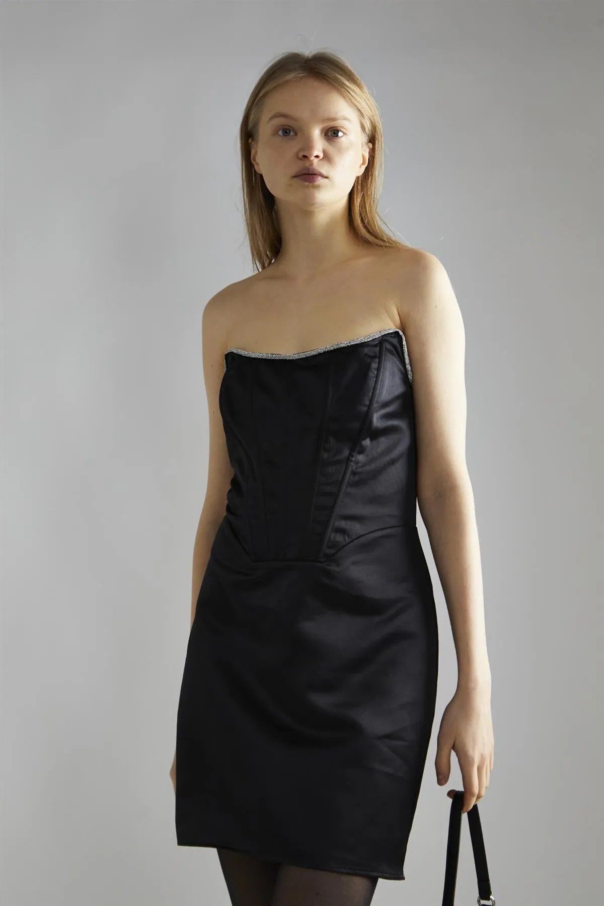 Black-Satin Rhinestone-Trim Mini-Dress sold by Glamorous product image thumbnail 3