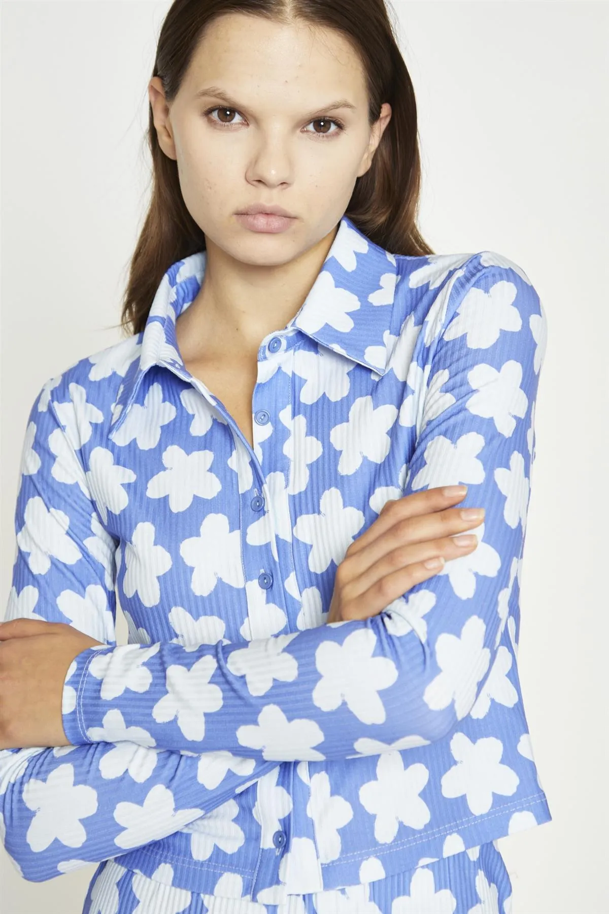 Blue-Large Flower Long-Sleeve Skinny-Fit-Shirt sold by Glamorous product image thumbnail 3