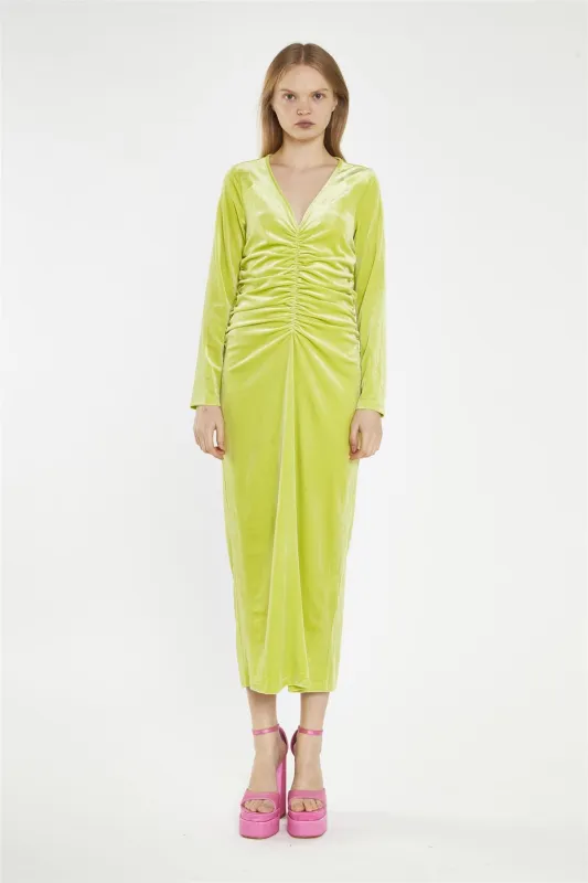 Lime-Green Velvet Ruched-Front Midi-Dress made by Glamorous