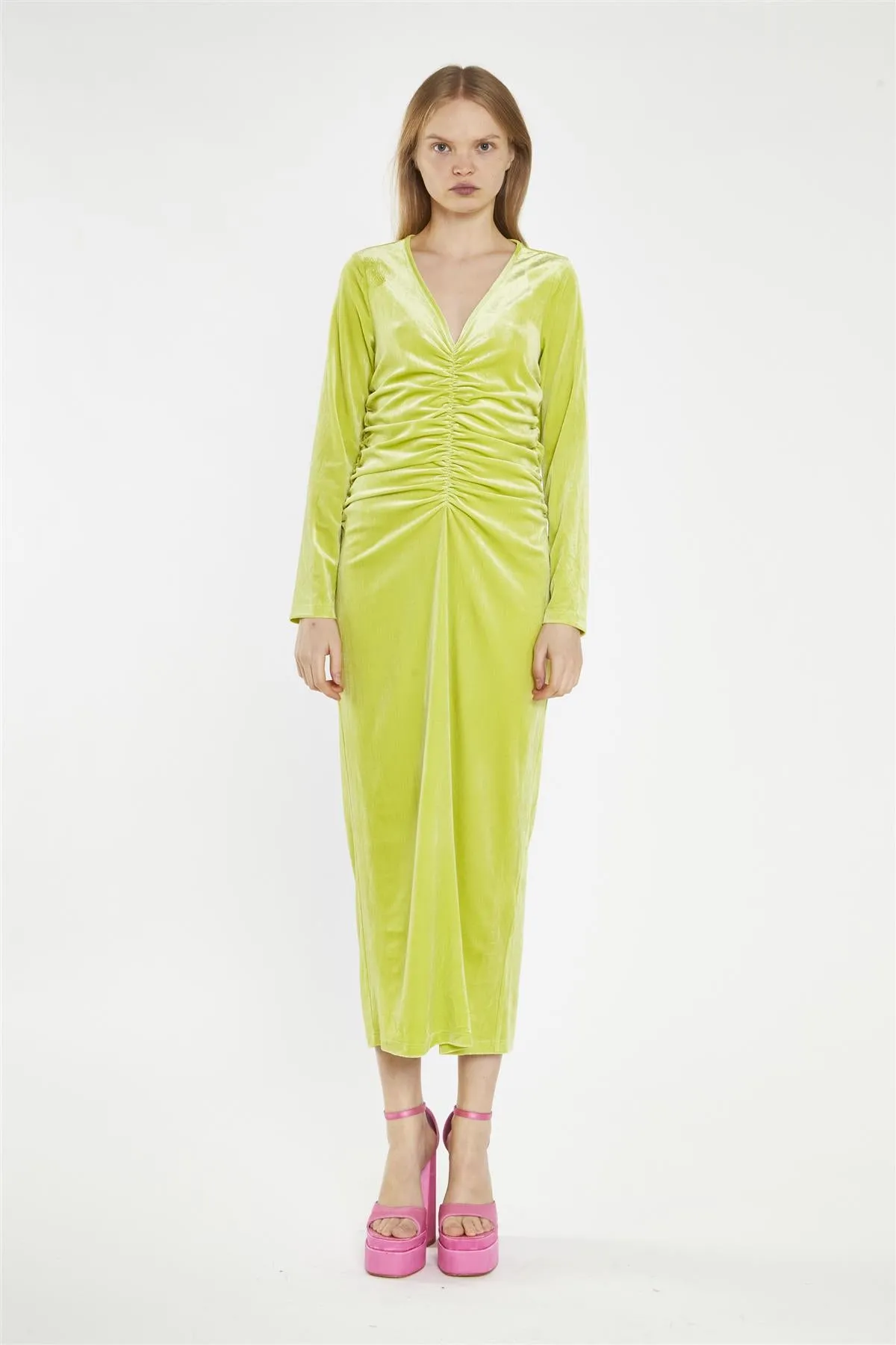Lime-Green Velvet Ruched-Front Midi-Dress sold by Glamorous