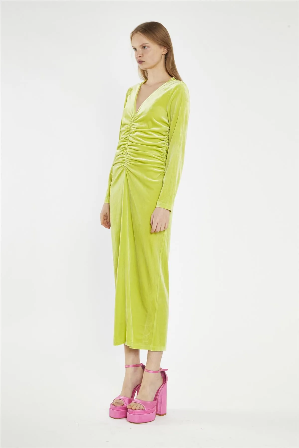 Lime-Green Velvet Ruched-Front Midi-Dress sold by Glamorous product image thumbnail 4