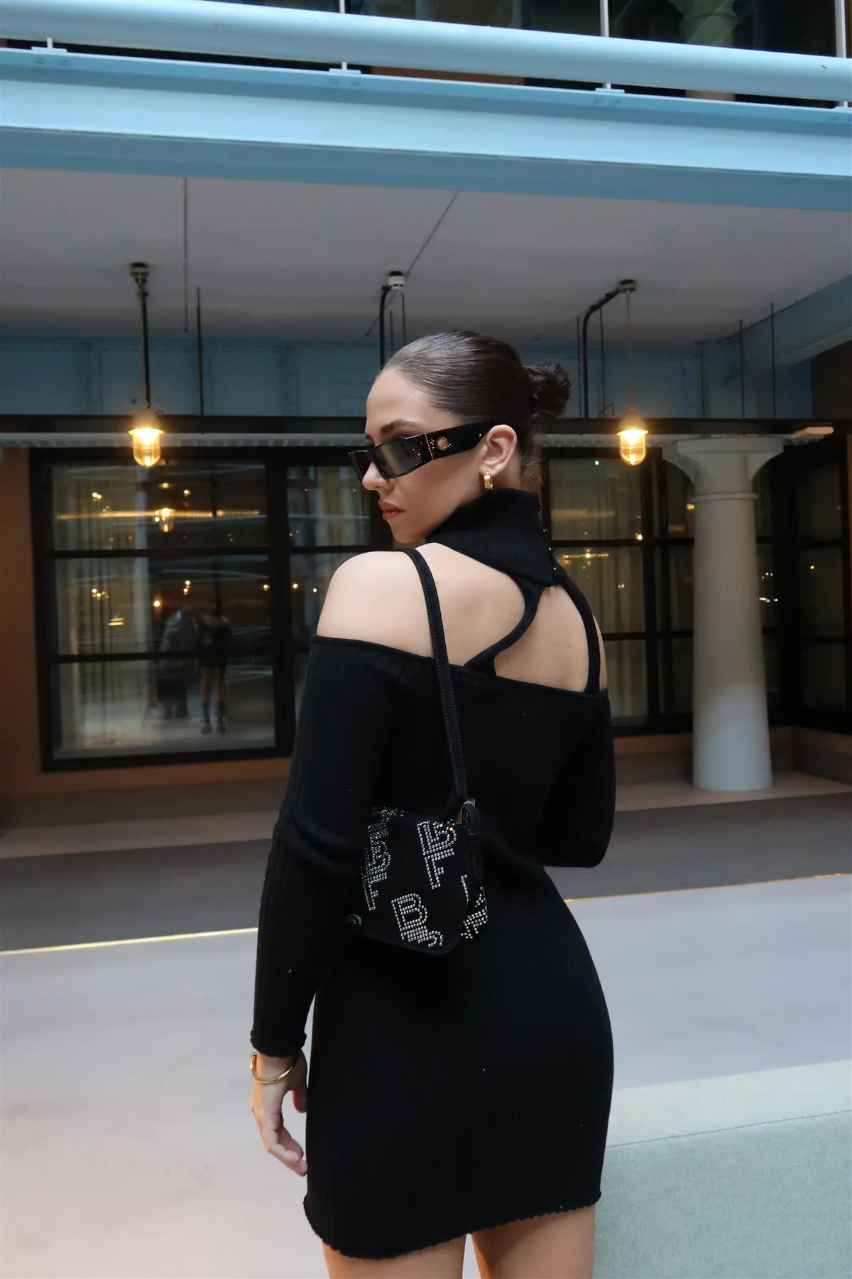 Black Choker-Neck Rib-Knit Mini-Dress sold by Glamorous product image thumbnail 2
