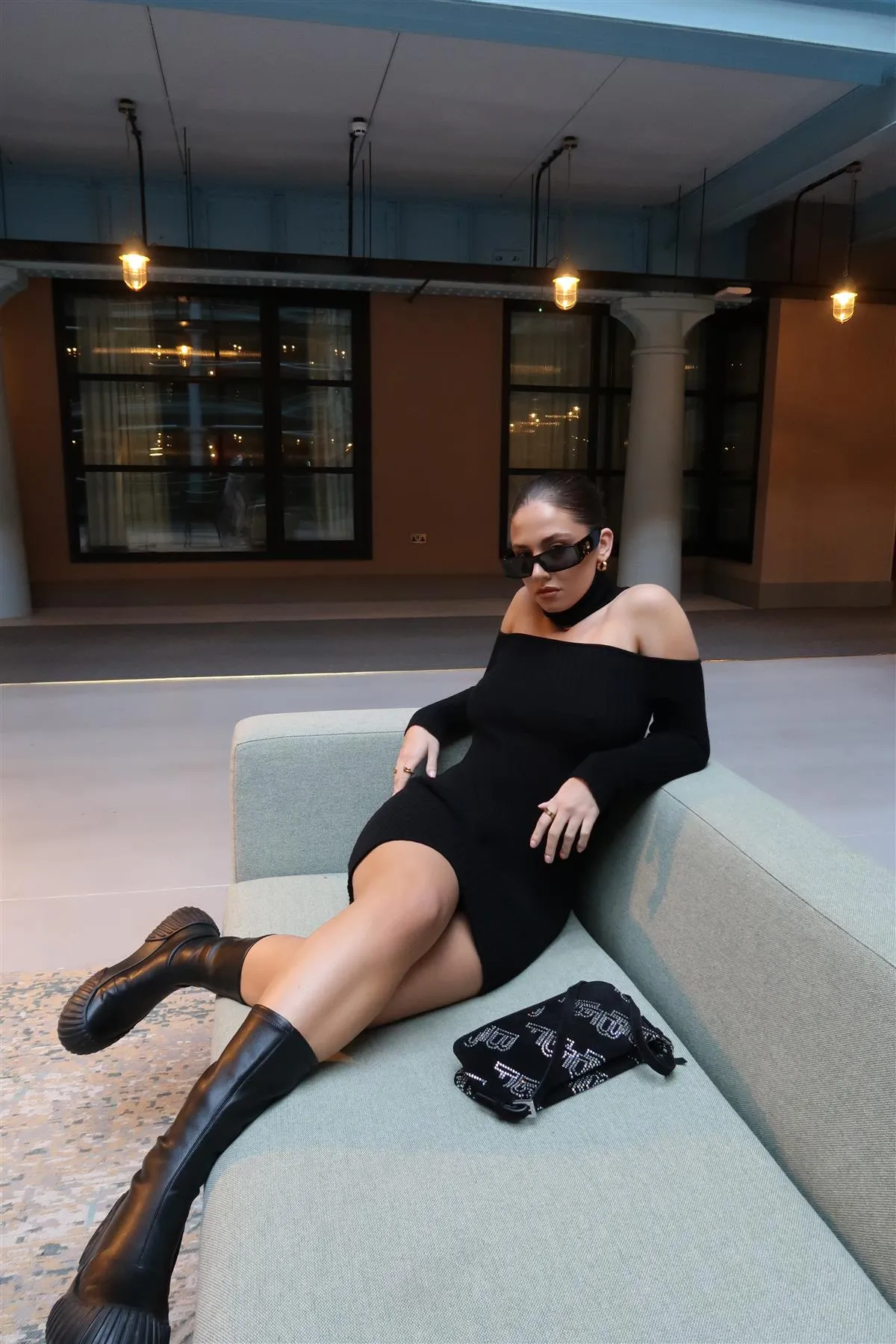 Black Choker-Neck Rib-Knit Mini-Dress sold by Glamorous product image thumbnail 5