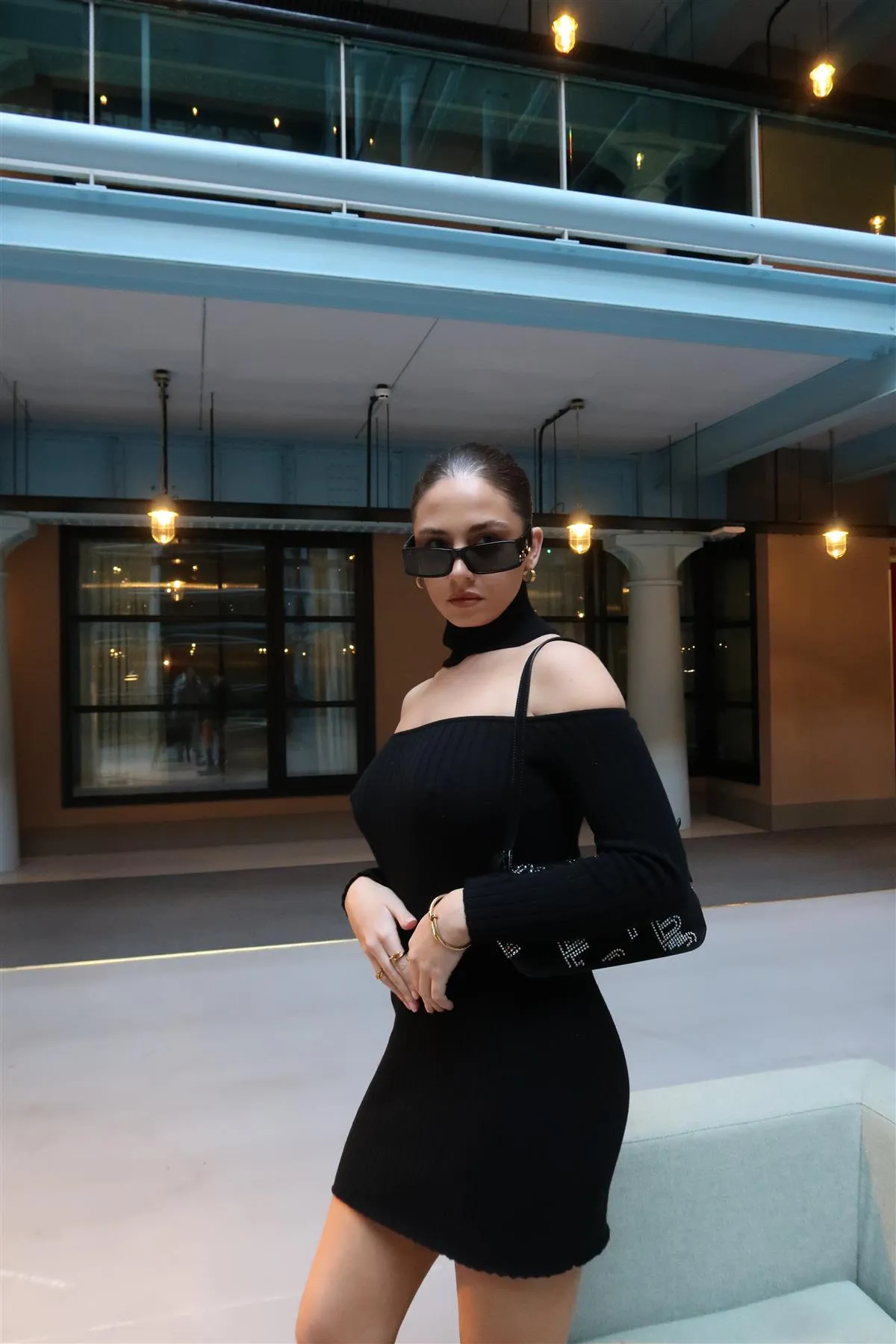 Black Choker-Neck Rib-Knit Mini-Dress sold by Glamorous