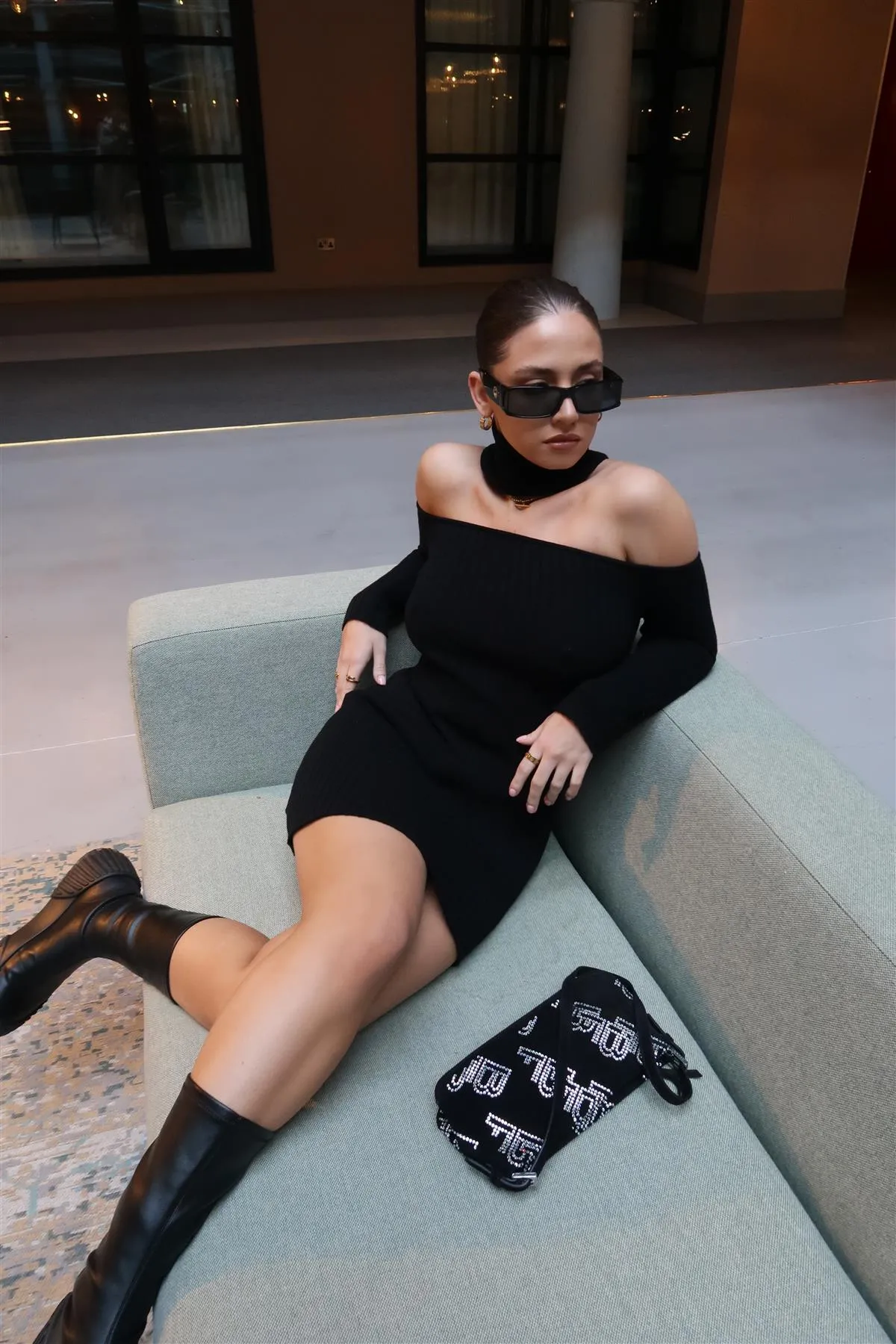 Black Choker-Neck Rib-Knit Mini-Dress sold by Glamorous product image thumbnail 4