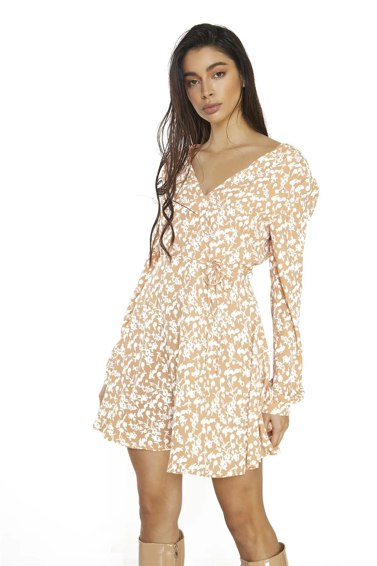 Orange Sketchy Flower Tie Waist Long Sleeve Mini Dress sold by Glamorous product image thumbnail 3