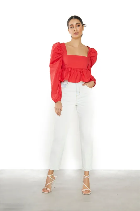 Red Puff Long Sleeve Open Back Top sold by Glamorous