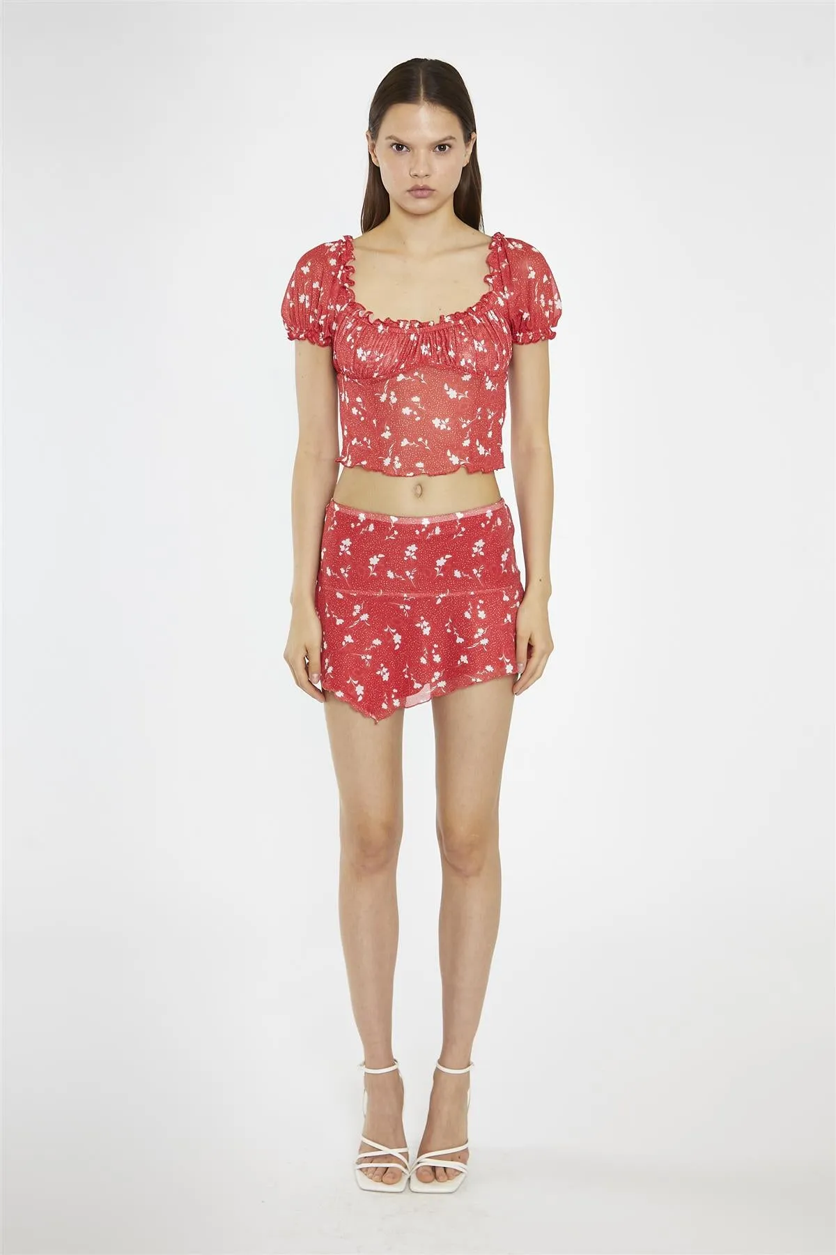 Red Vintage-Floral Milkmaid Crop-Top sold by Glamorous