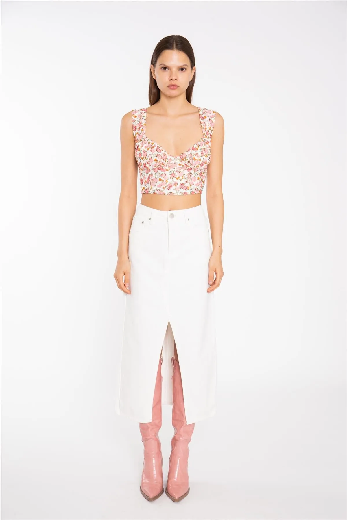 Pink Multi-Floral Lace Ruched Corset Crop-Top sold by Glamorous