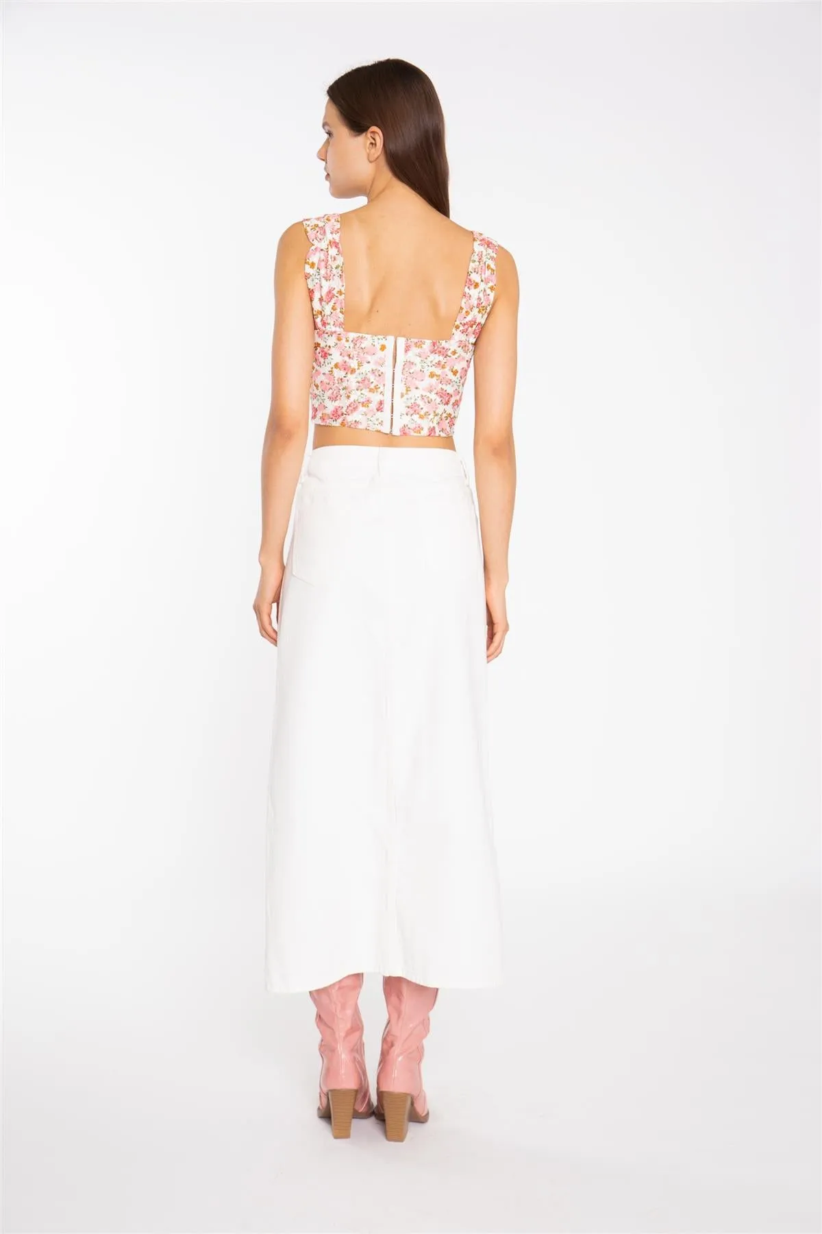 Pink Multi-Floral Lace Ruched Corset Crop-Top sold by Glamorous product image thumbnail 2