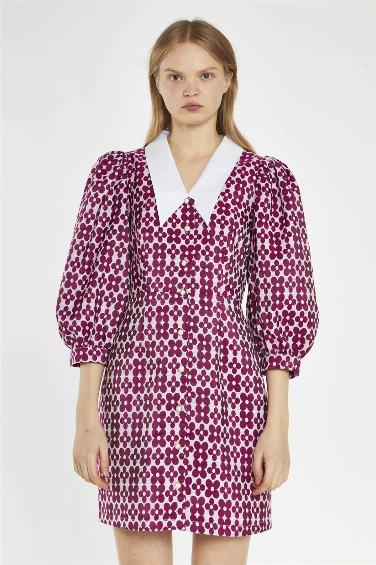 Magenta-Flower Brocade Collared Mini-Dress sold by Glamorous product image thumbnail 3