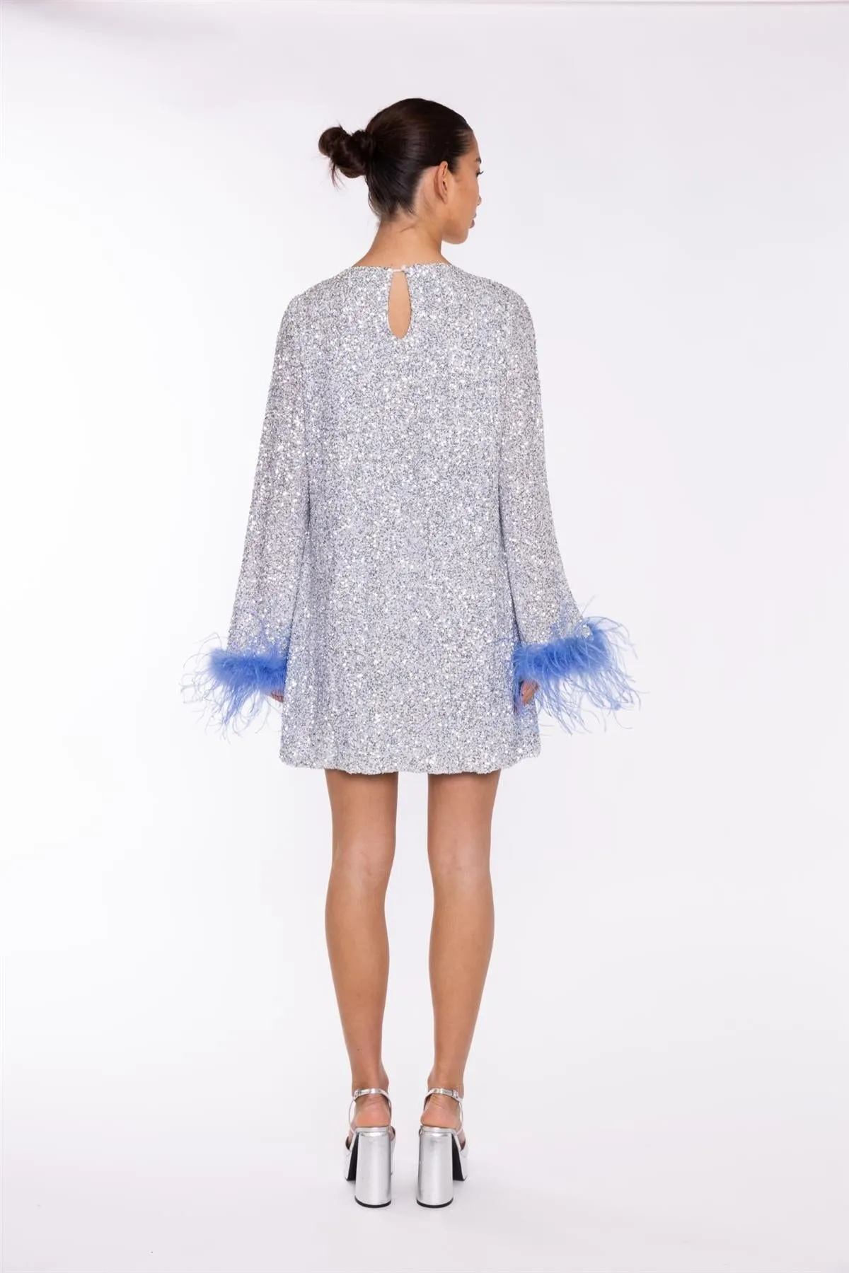 Silver-Sequin Blue Feather-Cuff Mini-Dress sold by Glamorous product image thumbnail 2