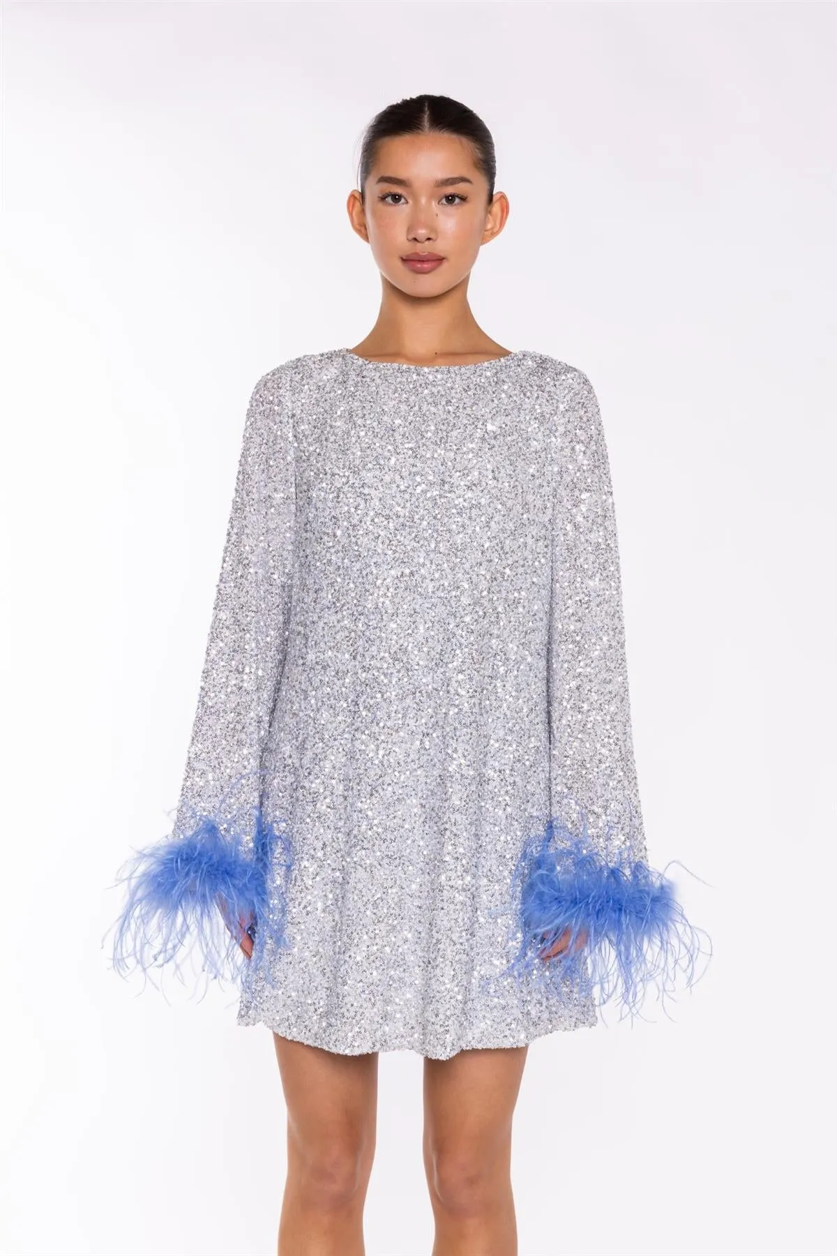 Silver-Sequin Blue Feather-Cuff Mini-Dress sold by Glamorous product image thumbnail 3