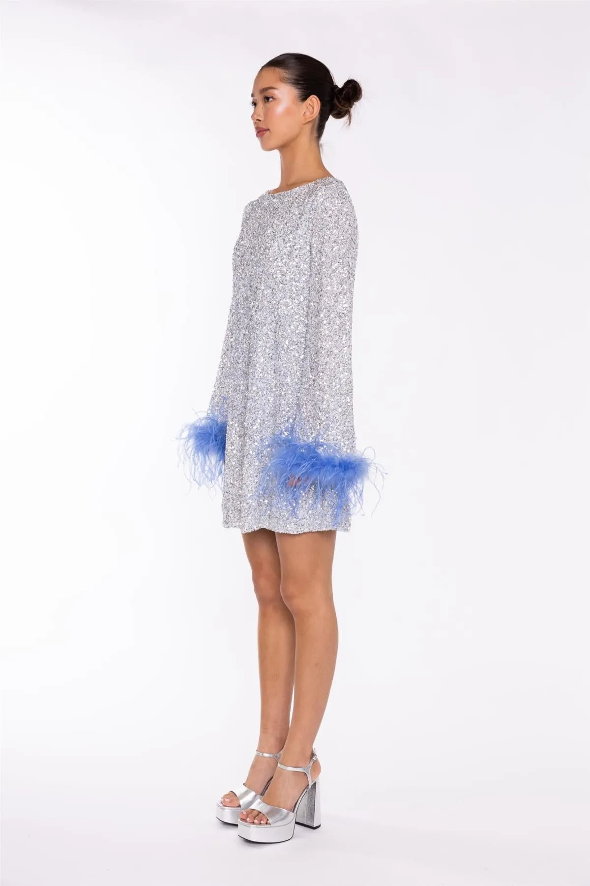Silver-Sequin Blue Feather-Cuff Mini-Dress sold by Glamorous product image thumbnail 4