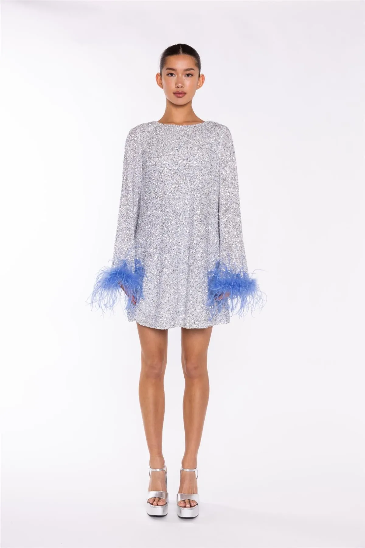 Silver-Sequin Blue Feather-Cuff Mini-Dress sold by Glamorous