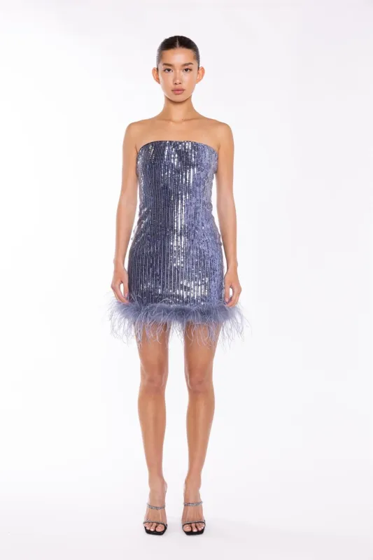 Blue-Sequin Feather-Hem Mini-Dress sold by Glamorous