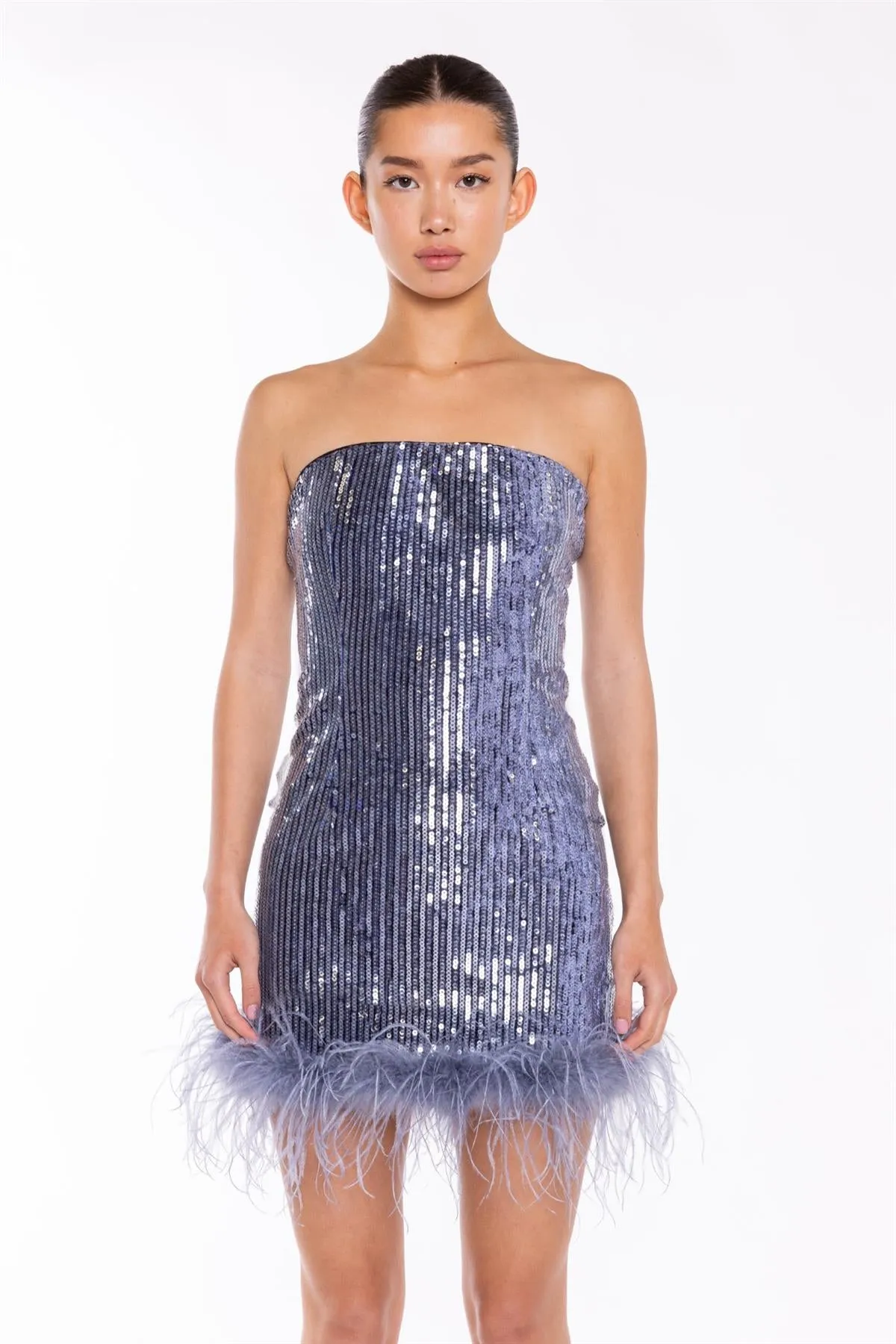 Blue-Sequin Feather-Hem Mini-Dress sold by Glamorous product image thumbnail 3