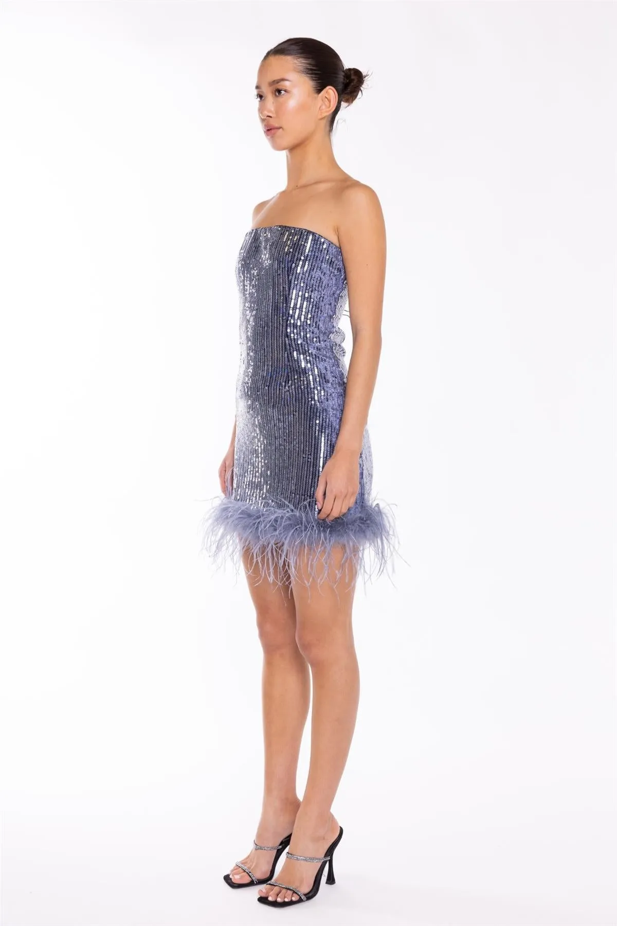Blue-Sequin Feather-Hem Mini-Dress sold by Glamorous product image thumbnail 4