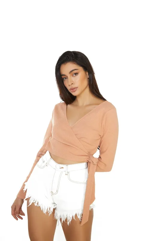 Dusty Orange Ribbed Wrap Crop Top made by Glamorous