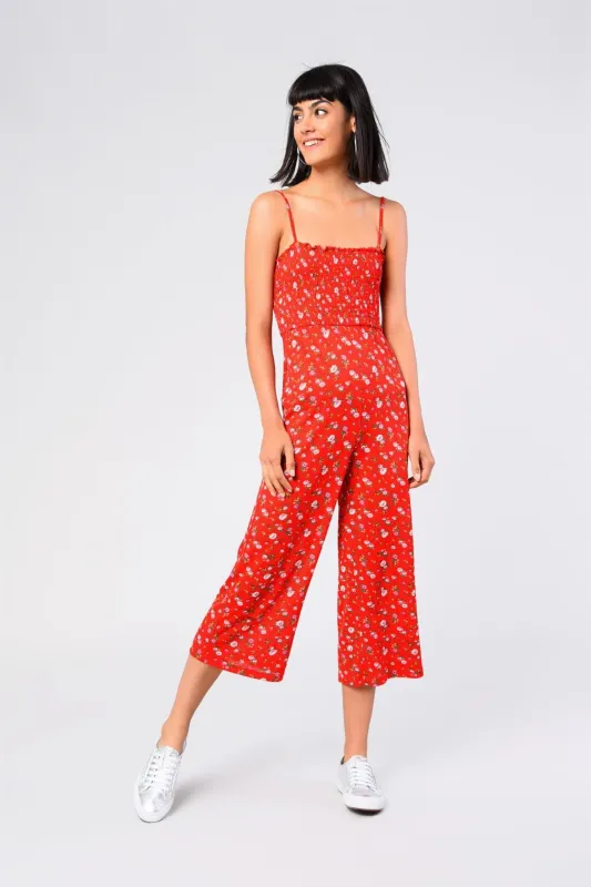 Red Ditsy-Flower Shirred Jumpsuit sold by Glamorous