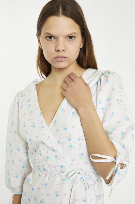 White-Blue-Pink Ditsy Wrap Tie Mini-Dress sold by Glamorous