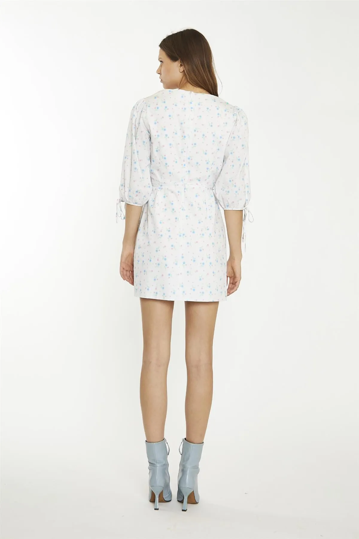 White-Blue-Pink Ditsy Wrap Tie Mini-Dress sold by Glamorous product image thumbnail 2