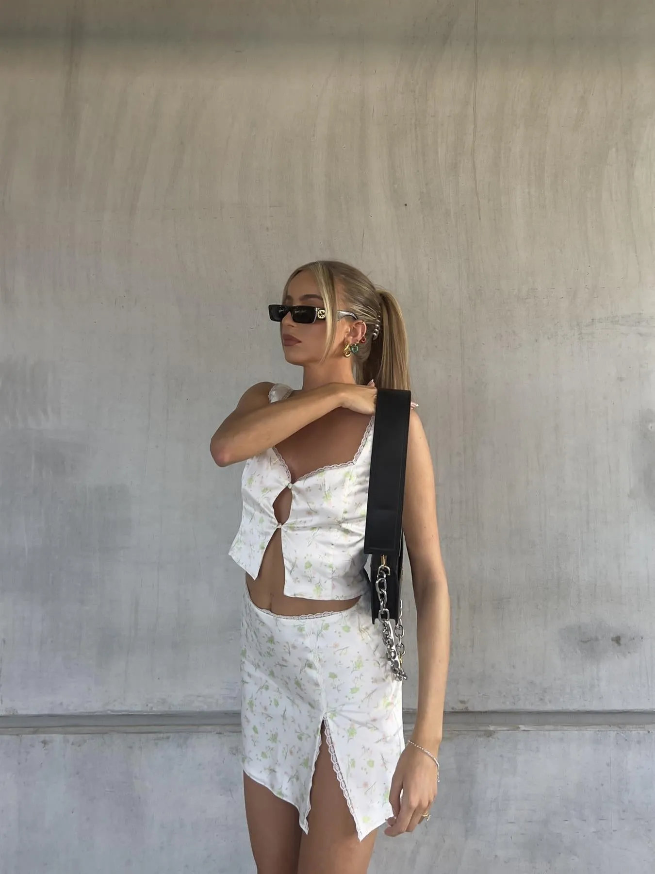 Cassidy Co-ord Satin Wrap Skirt with Lace Trim -Green Pink Stem Floral sold by Glamorous product image thumbnail 3