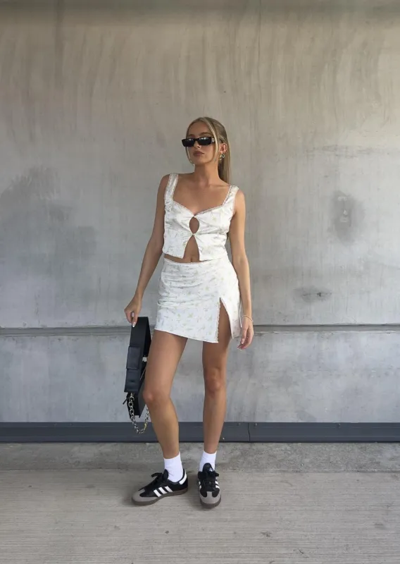 Cassidy Co-ord Satin Wrap Skirt with Lace Trim -Green Pink Stem Floral sold by Glamorous