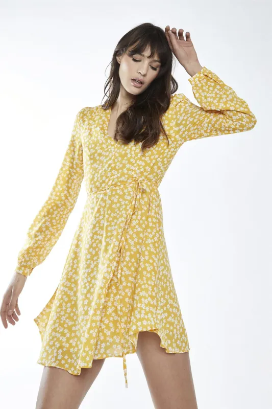 Yellow-White Ditsy V-Neck Skater Mini-Dress sold by Glamorous