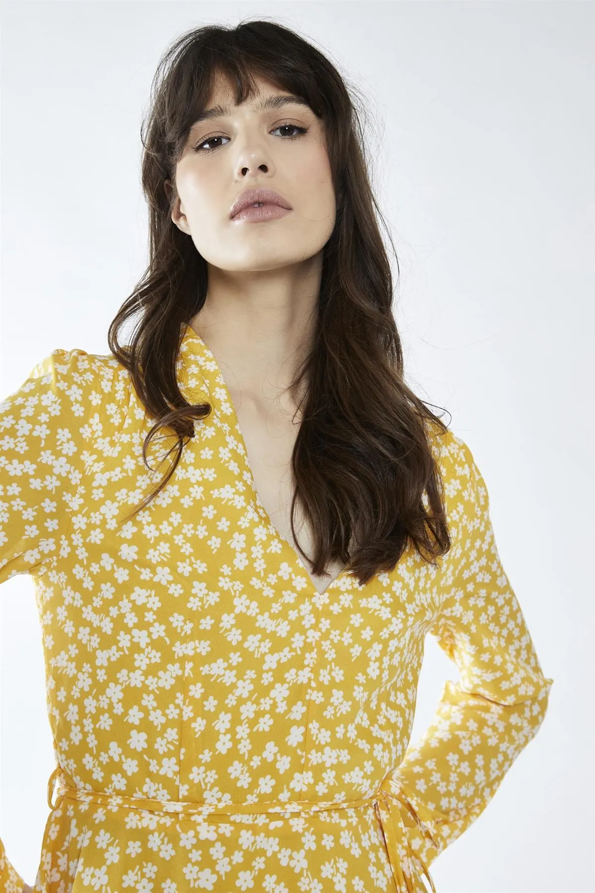 Yellow-White Ditsy V-Neck Skater Mini-Dress sold by Glamorous product image thumbnail 4