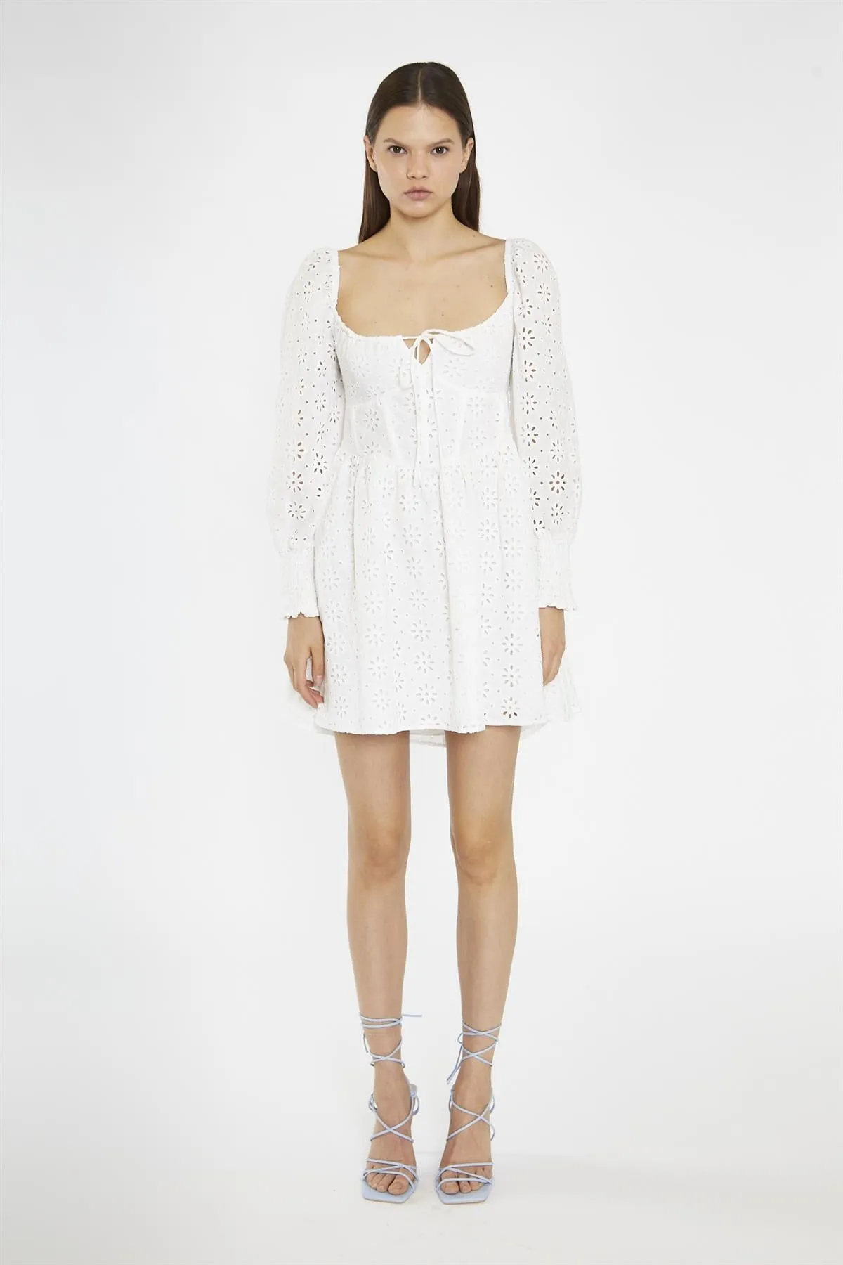 White-Broderie Lace-Up Corset Mini-Dress sold by Glamorous