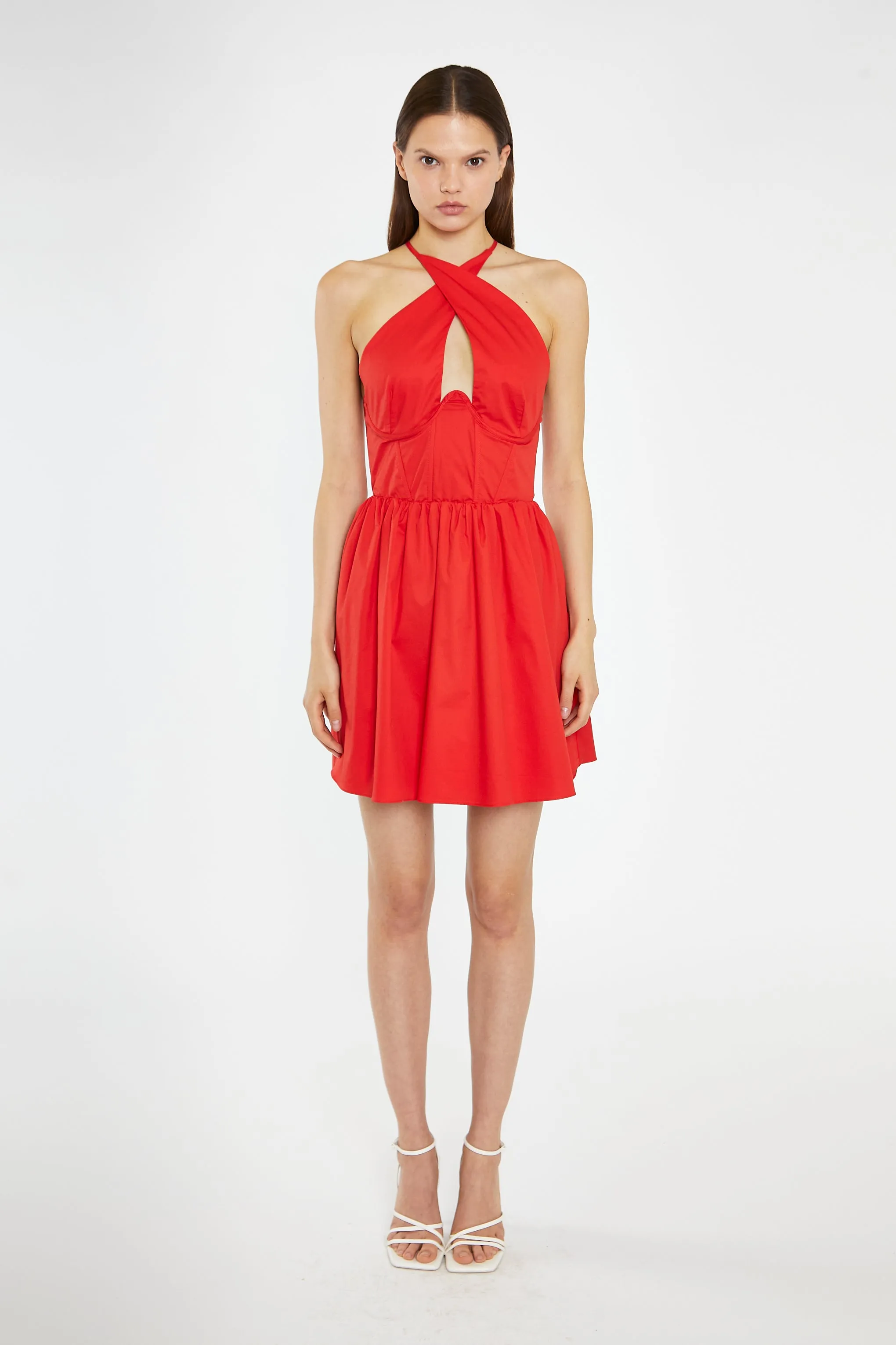 Poppy-Red Cross-Over Halterneck Corset Mini-Dress sold by Glamorous