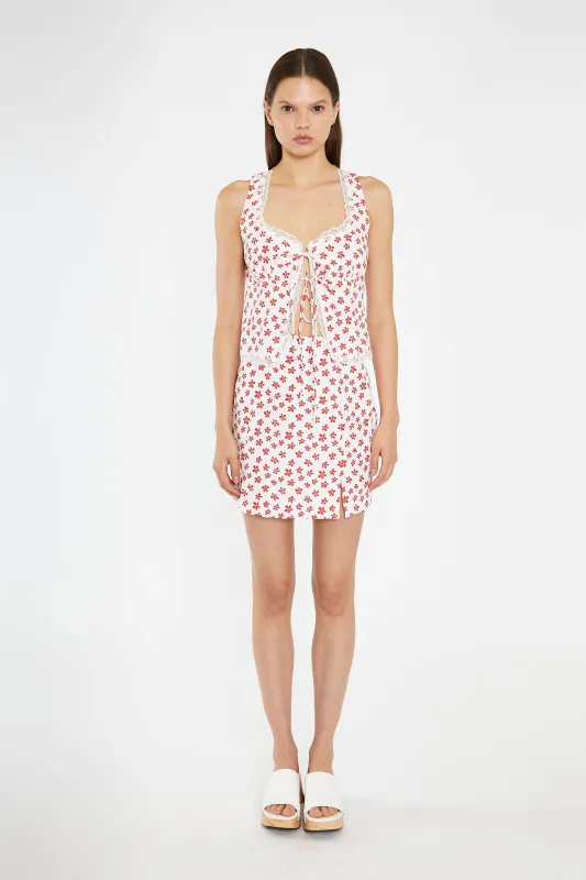 White-Red Daisy Lace Trim Tie-Front-Top sold by Glamorous