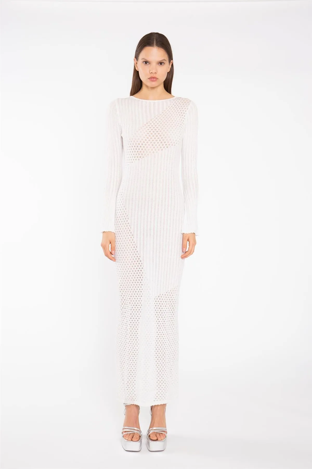 Off White Mix Knit Maxi-Dress sold by Glamorous