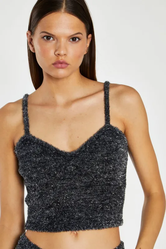Black-Silver Tinsel Knitted Cami Crop-Top sold by Glamorous