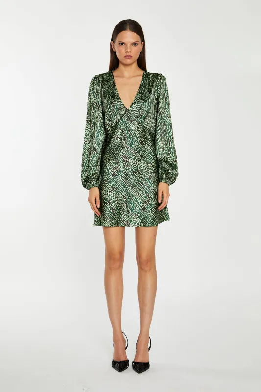 Green-Black Animal V-Neck Puff-Sleeve Mini-Dress made by Glamorous