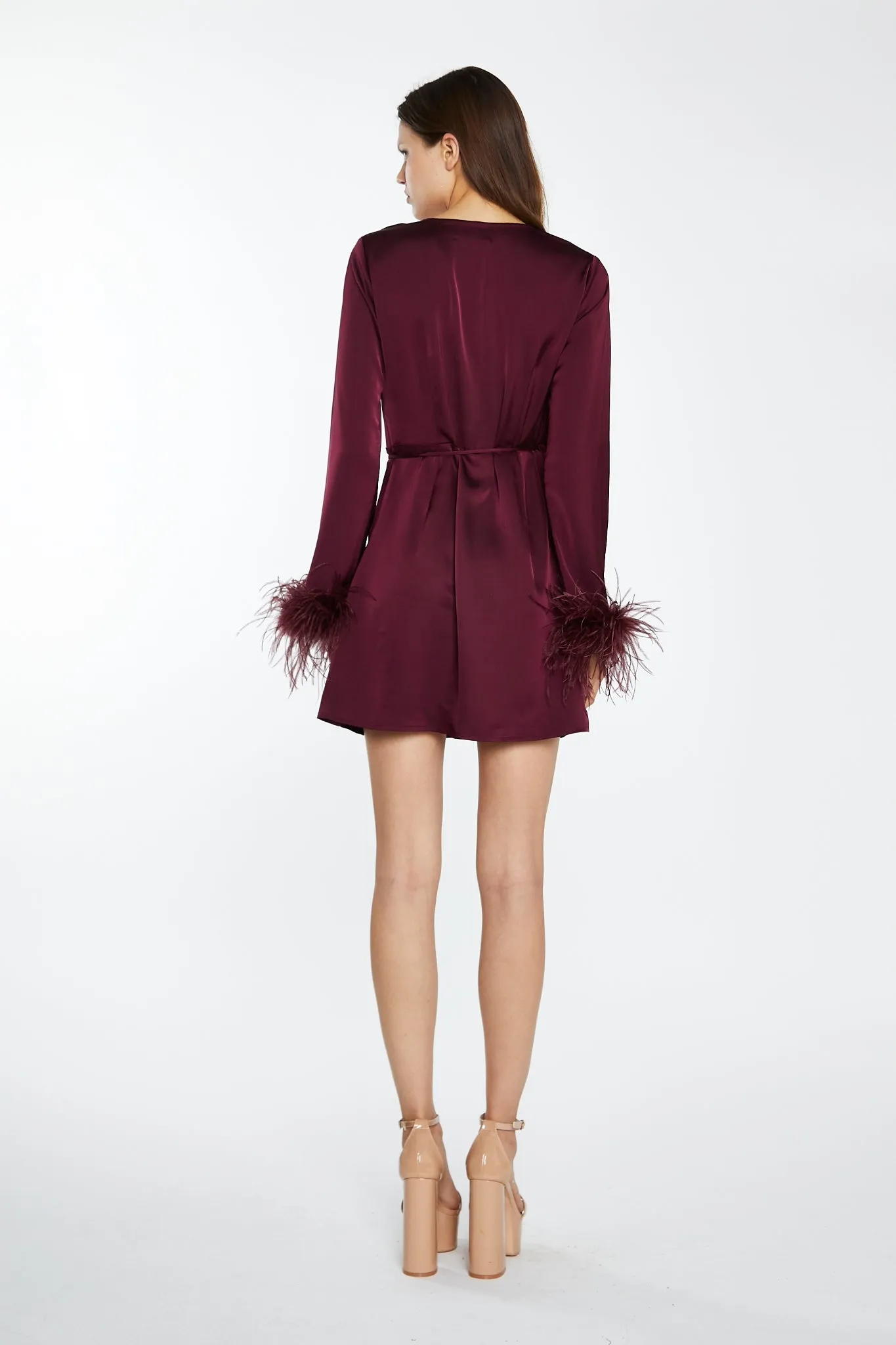 Deep-Burgundy Satin Feather Trim Wrap Mini-Dress sold by Glamorous product image thumbnail 2