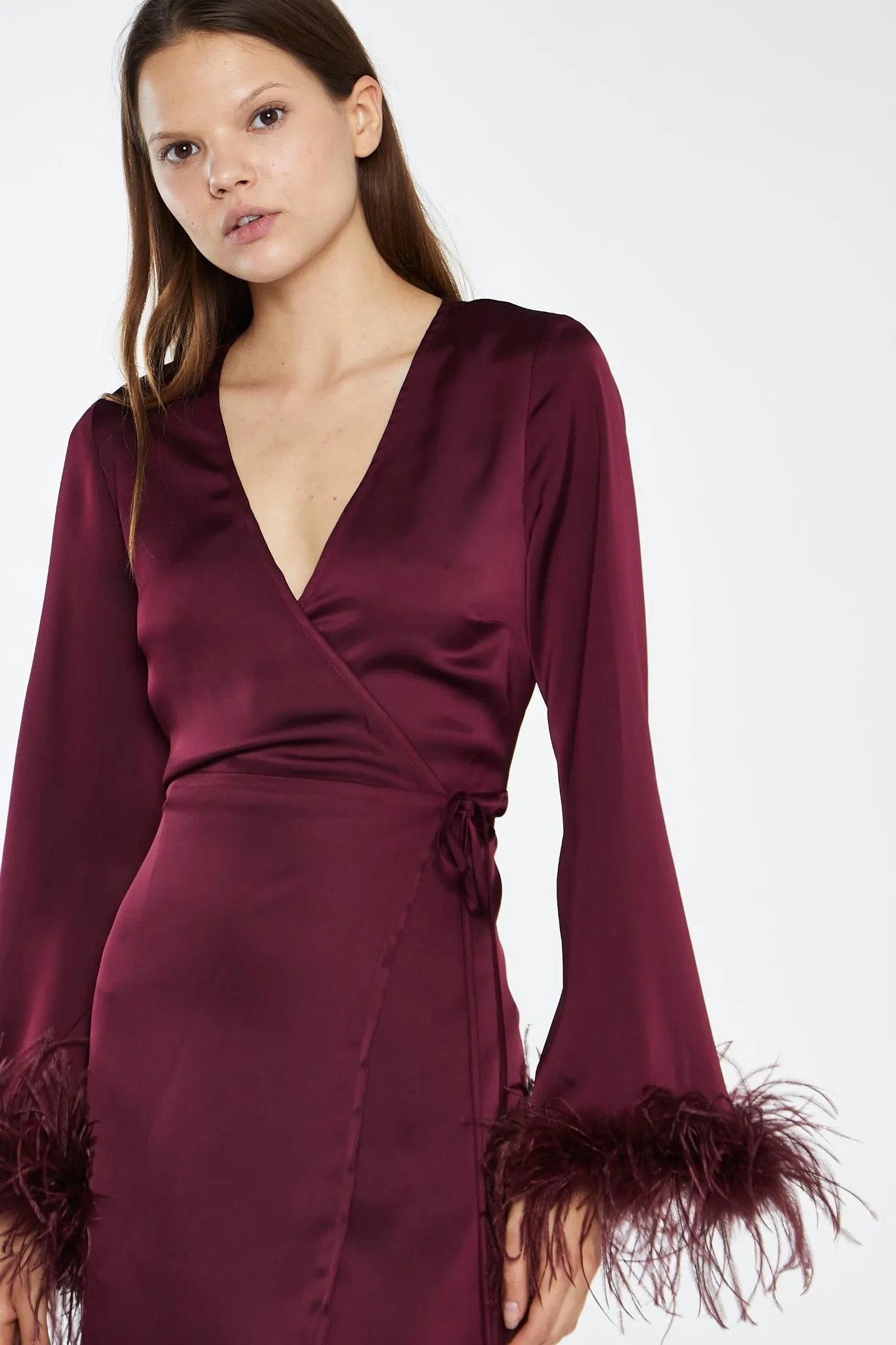 Deep-Burgundy Satin Feather Trim Wrap Mini-Dress sold by Glamorous product image thumbnail 3