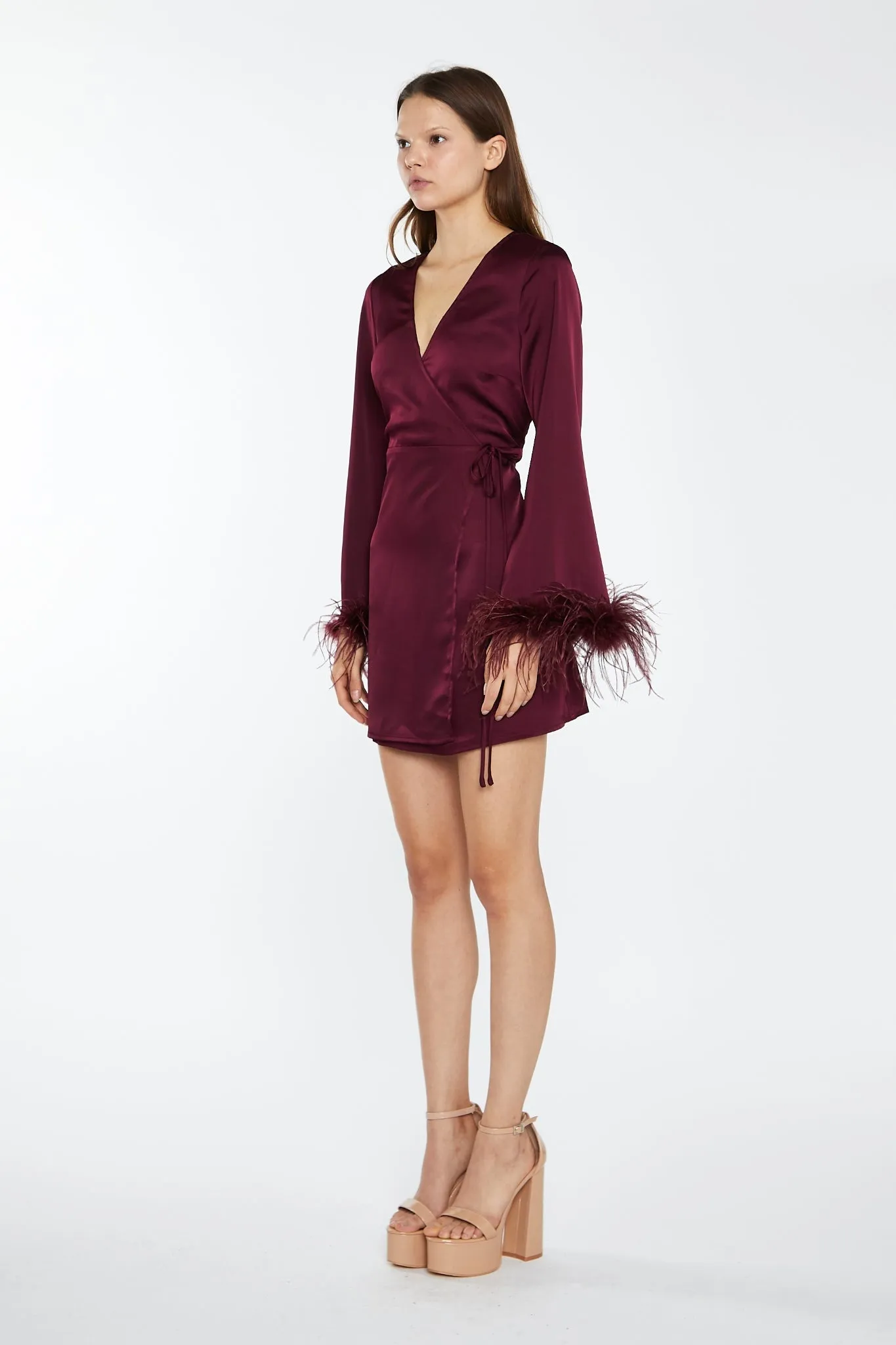 Deep-Burgundy Satin Feather Trim Wrap Mini-Dress sold by Glamorous product image thumbnail 4