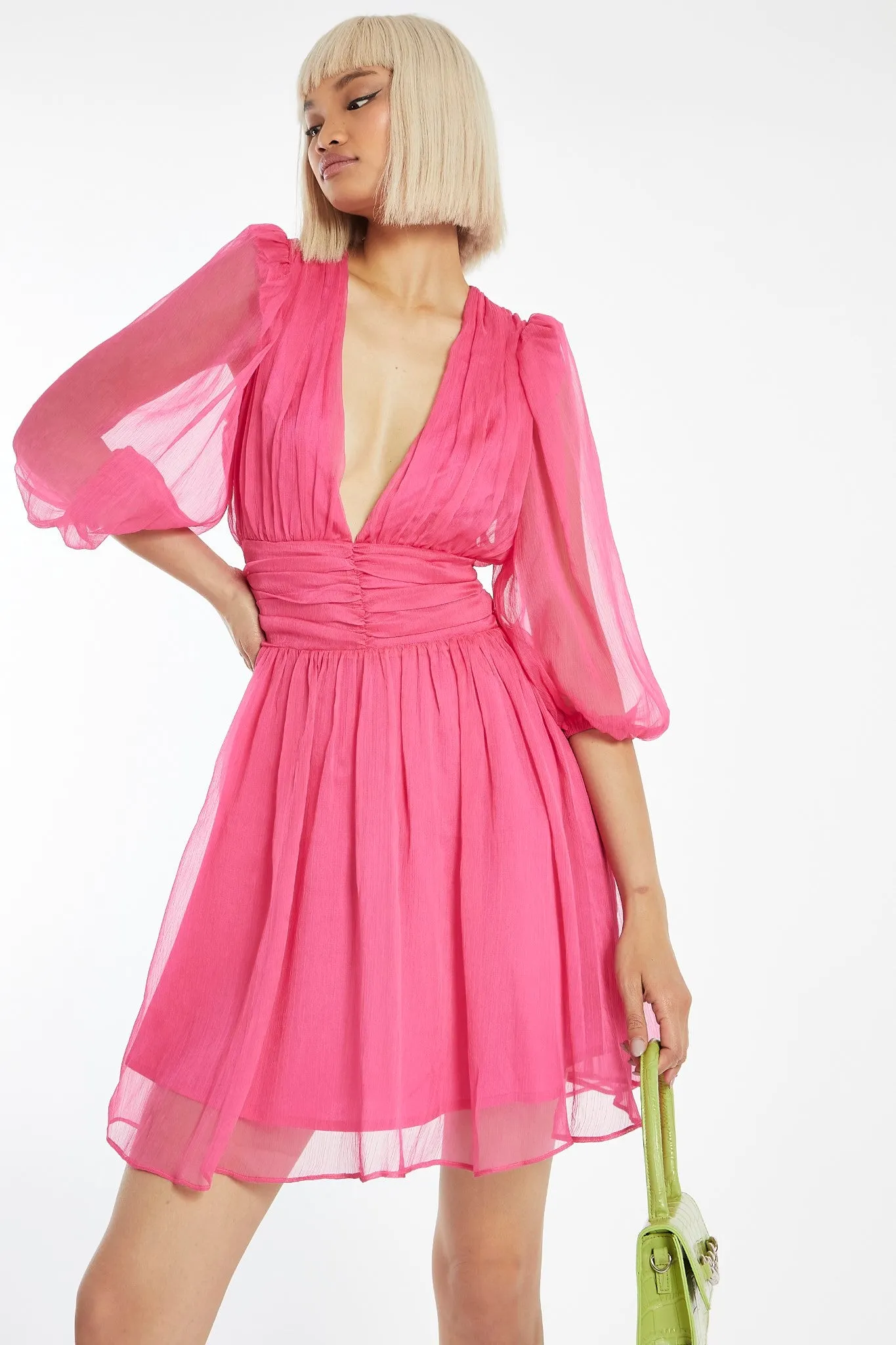 Bright-Pink Gathered Plunge Puff Sleeve Mini-Dress sold by Glamorous product image thumbnail 3