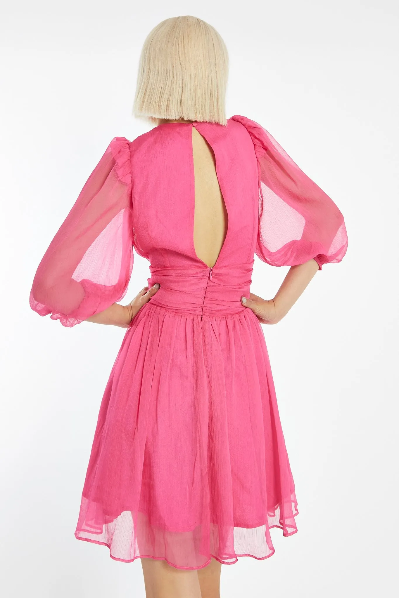 Bright-Pink Gathered Plunge Puff Sleeve Mini-Dress sold by Glamorous product image thumbnail 2