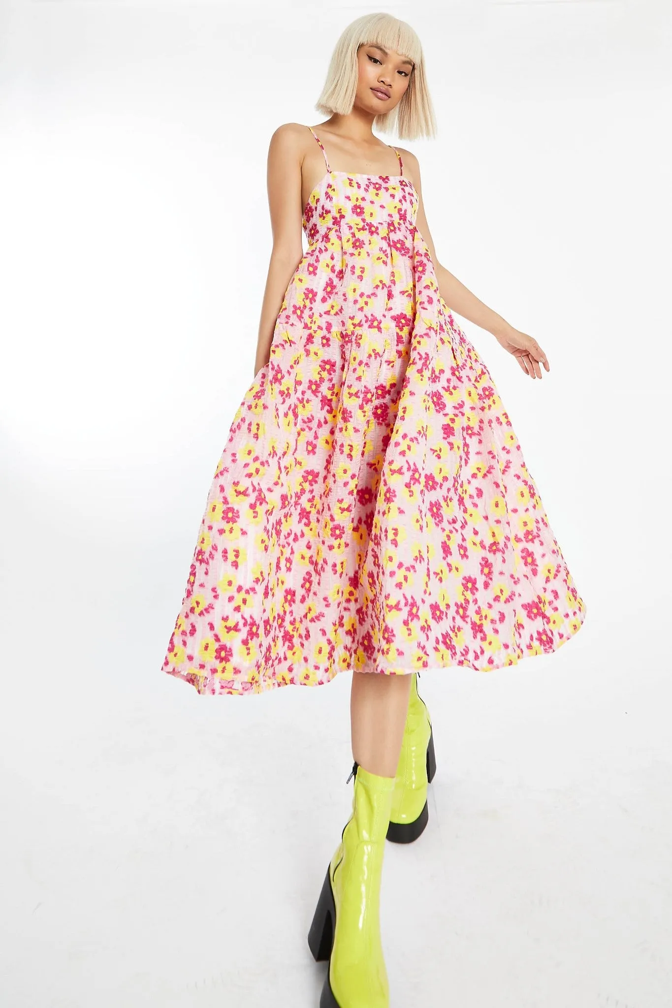 Pink-Yellow Organza Empire-Line Tie-Back Loose-Fit Smock Midi-Dress sold by Glamorous product image thumbnail 3