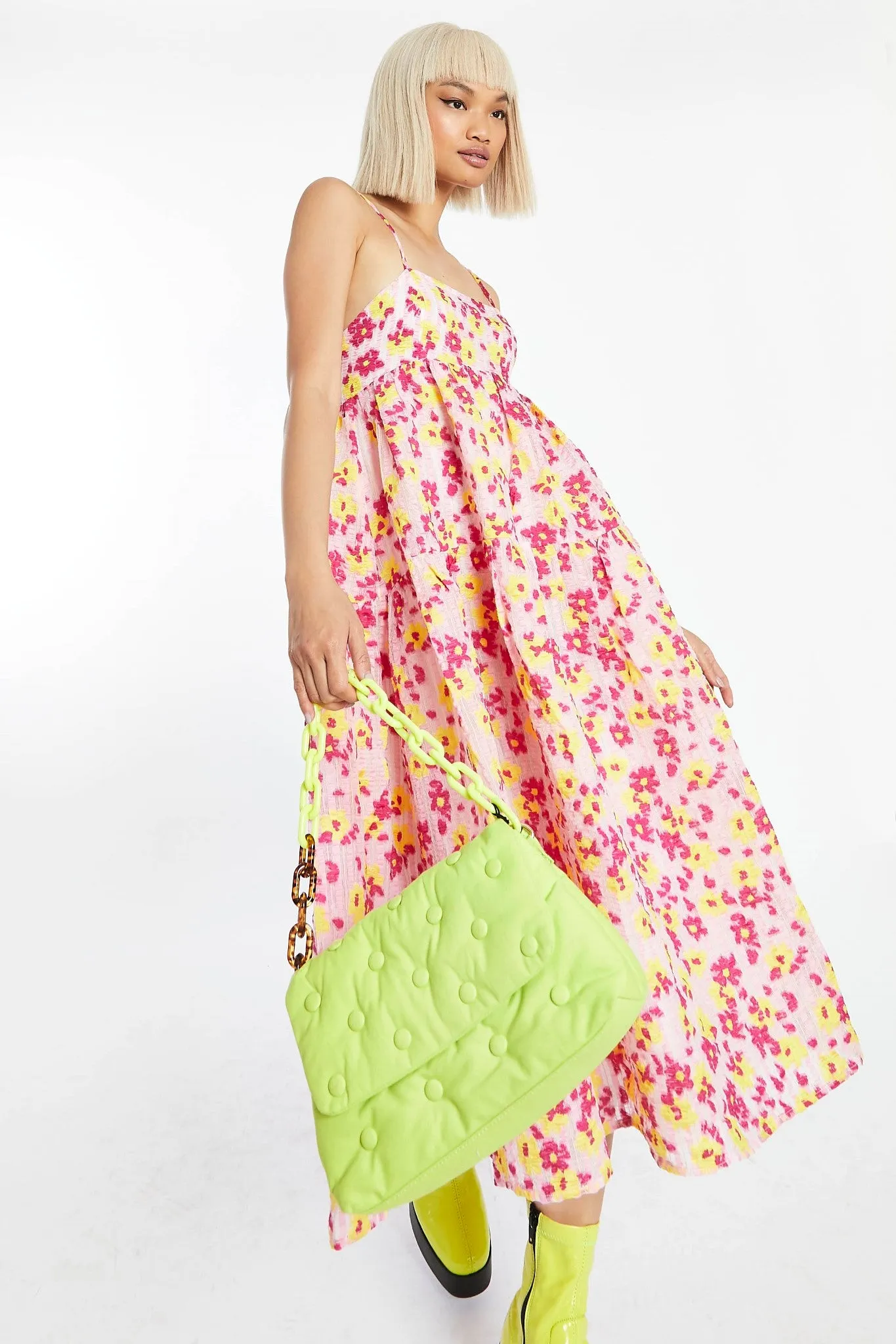 Pink-Yellow Organza Empire-Line Tie-Back Loose-Fit Smock Midi-Dress sold by Glamorous product image thumbnail 4