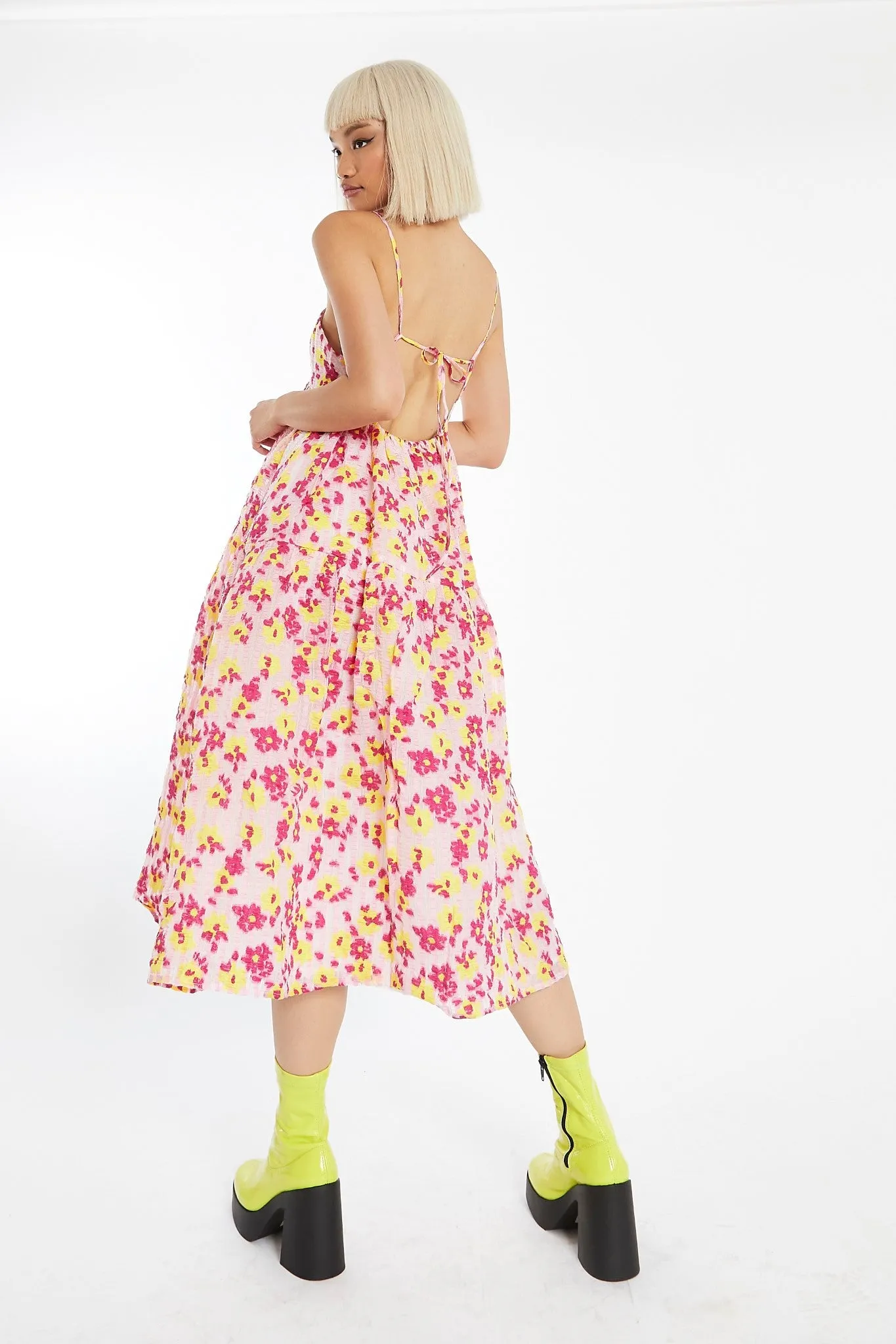 Pink-Yellow Organza Empire-Line Tie-Back Loose-Fit Smock Midi-Dress sold by Glamorous product image thumbnail 2