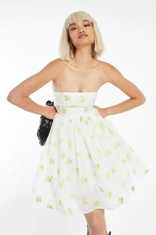 Lime-Gold Floral Organza Empire-Line Puff Skirt Mini-Dress sold by Glamorous