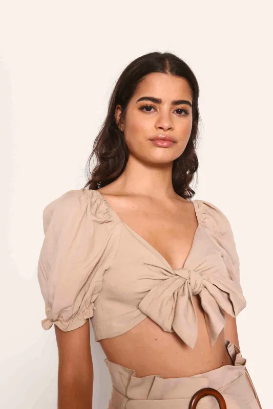 Glamorous Stone Tie Front Puff Sleeve Crop Top made by Glamorous